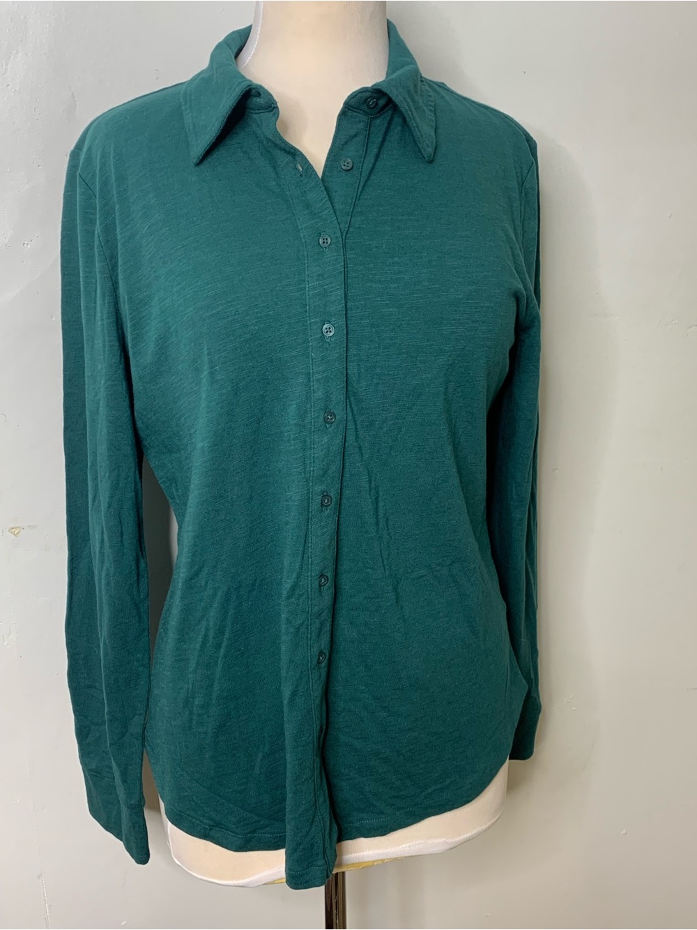 NEW Gap Green Knit Cotton Modal longsleeve collard button front shirt preppy M